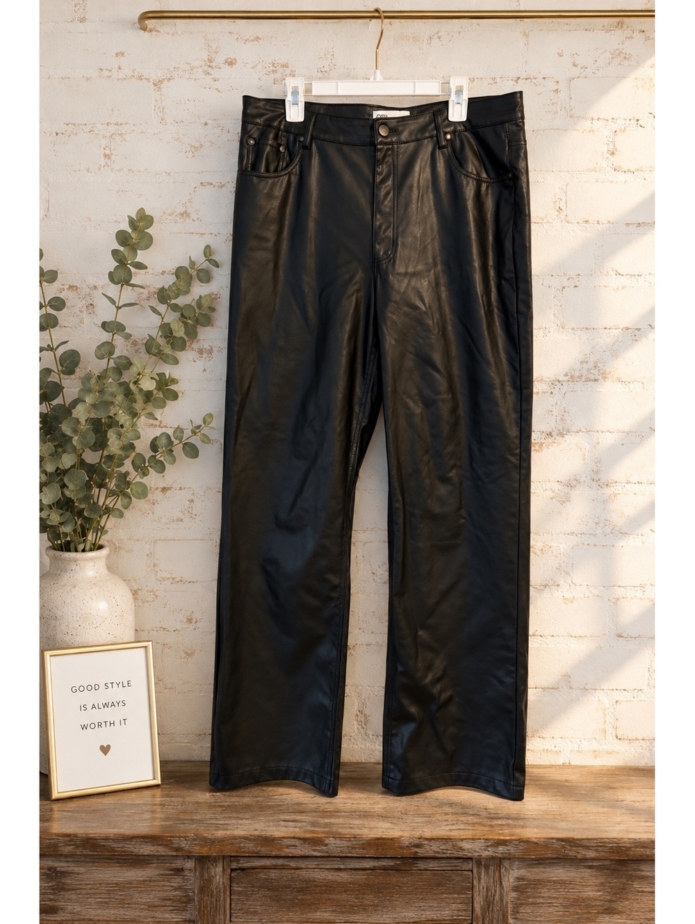 Black Faux Leather High Rise Straight Leg Pants | Size 12